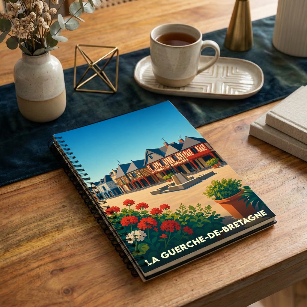 Carnet à spirales souvenir de la ville de La Guerche-de-Bretagne avec une illustration stylisée.
