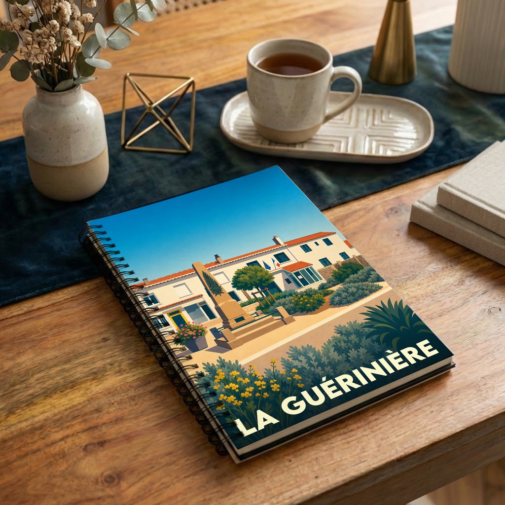 Carnet souvenir de la ville de La Guérinière avec une illustration stylisée.