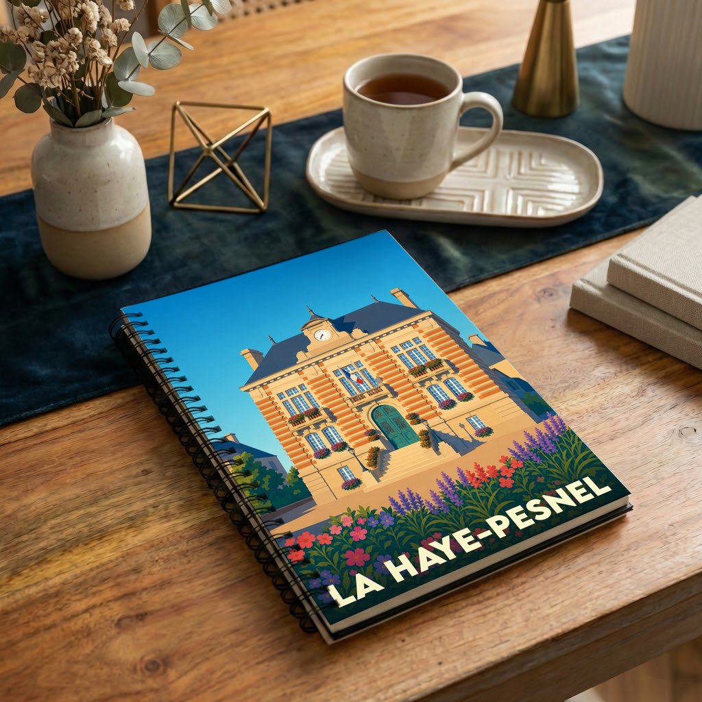 Carnet à spirales souvenir de la ville de La Haye-Pesnel avec une illustration stylisée de son hôtel de ville.