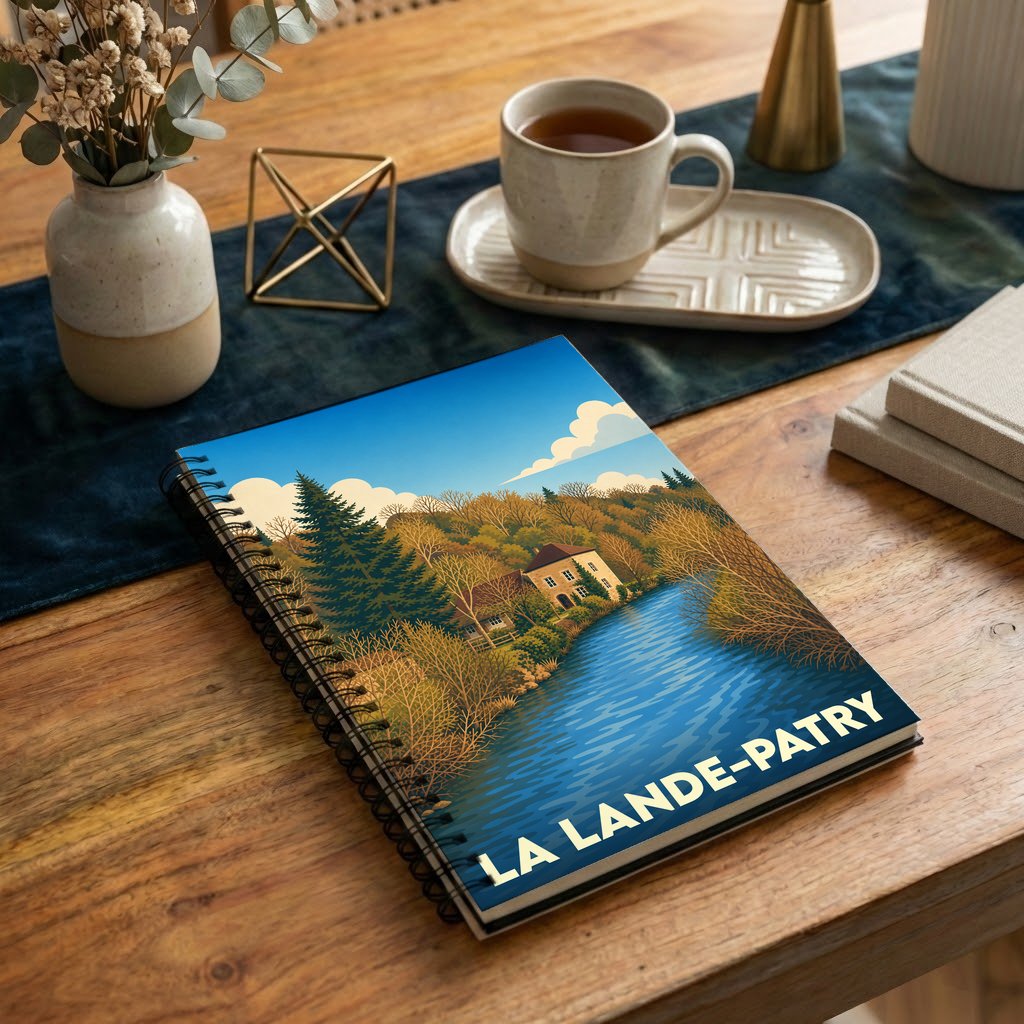 Carnet à spirales souvenir de la ville de La Lande-Patry avec une illustration de paysage stylisée.