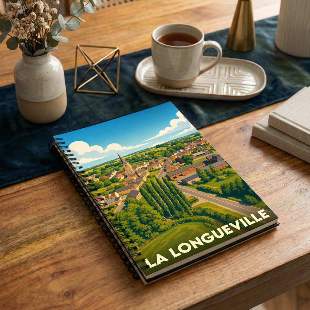 Carnet souvenir de la ville de La Longueville avec une illustration stylisée d'un paysage rural.
