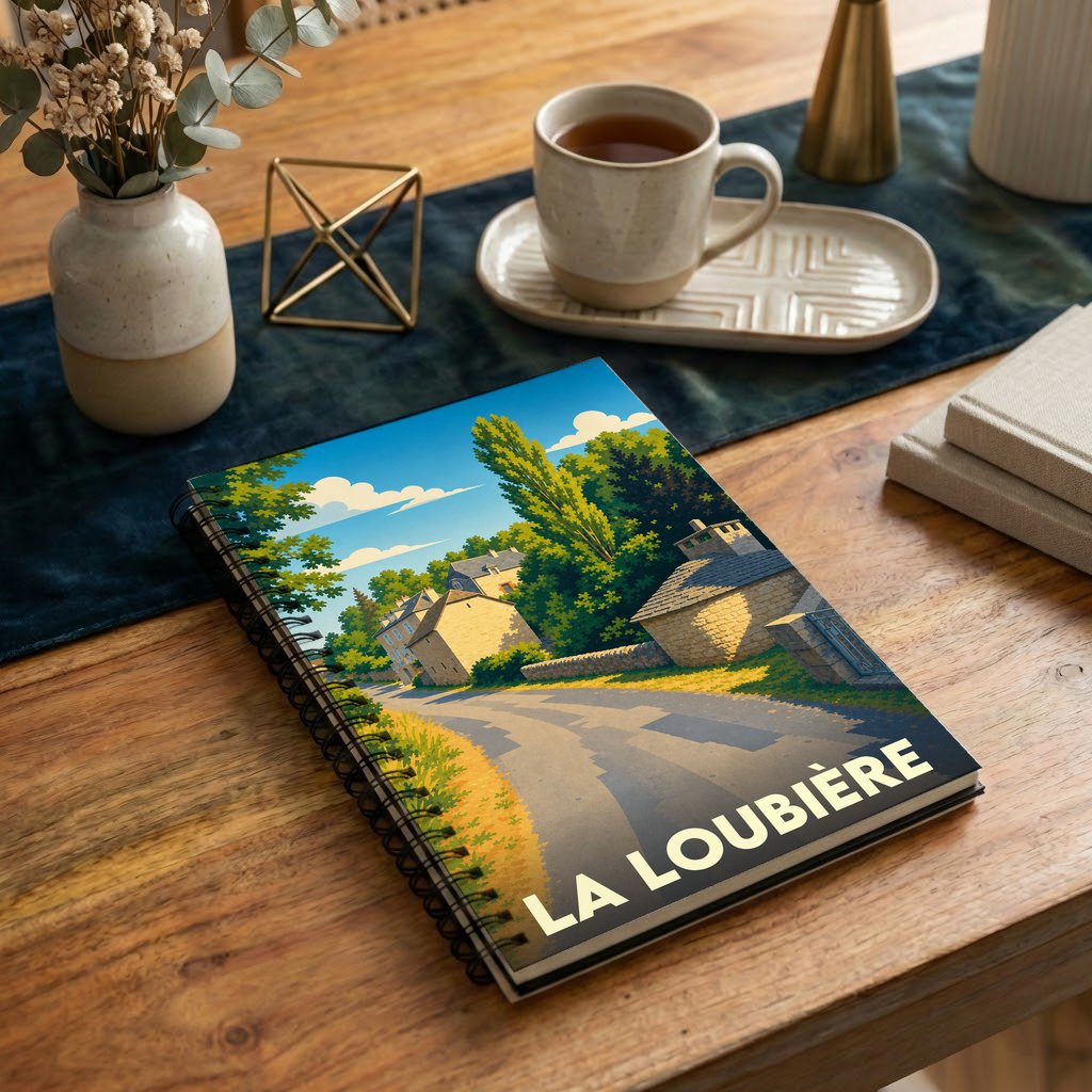Carnet souvenir de la ville de La Loubière avec une illustration stylisée de ses paysages.