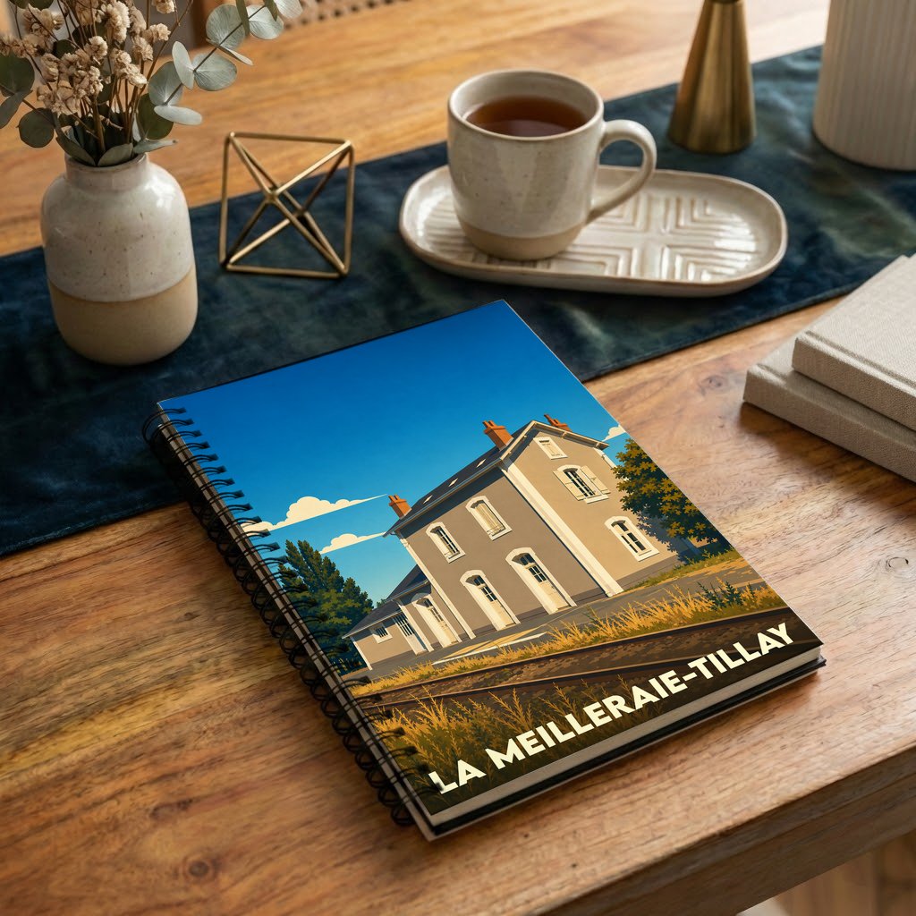 Carnet de notes souvenir de la ville de La Meilleraie-Tillay avec une illustration stylisée de son ancienne gare.