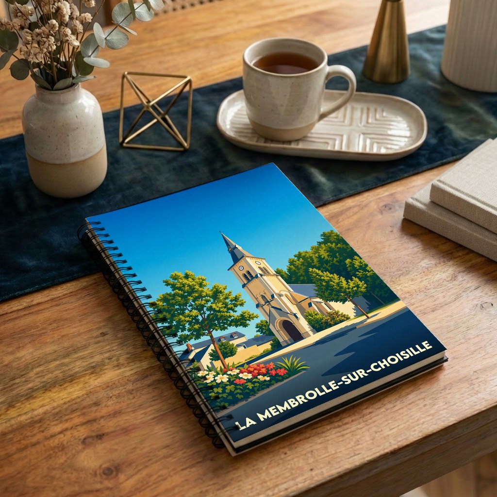 Carnet à spirales souvenir de la ville de La Membrolle-sur-Choisille avec une illustration stylisée de son église.