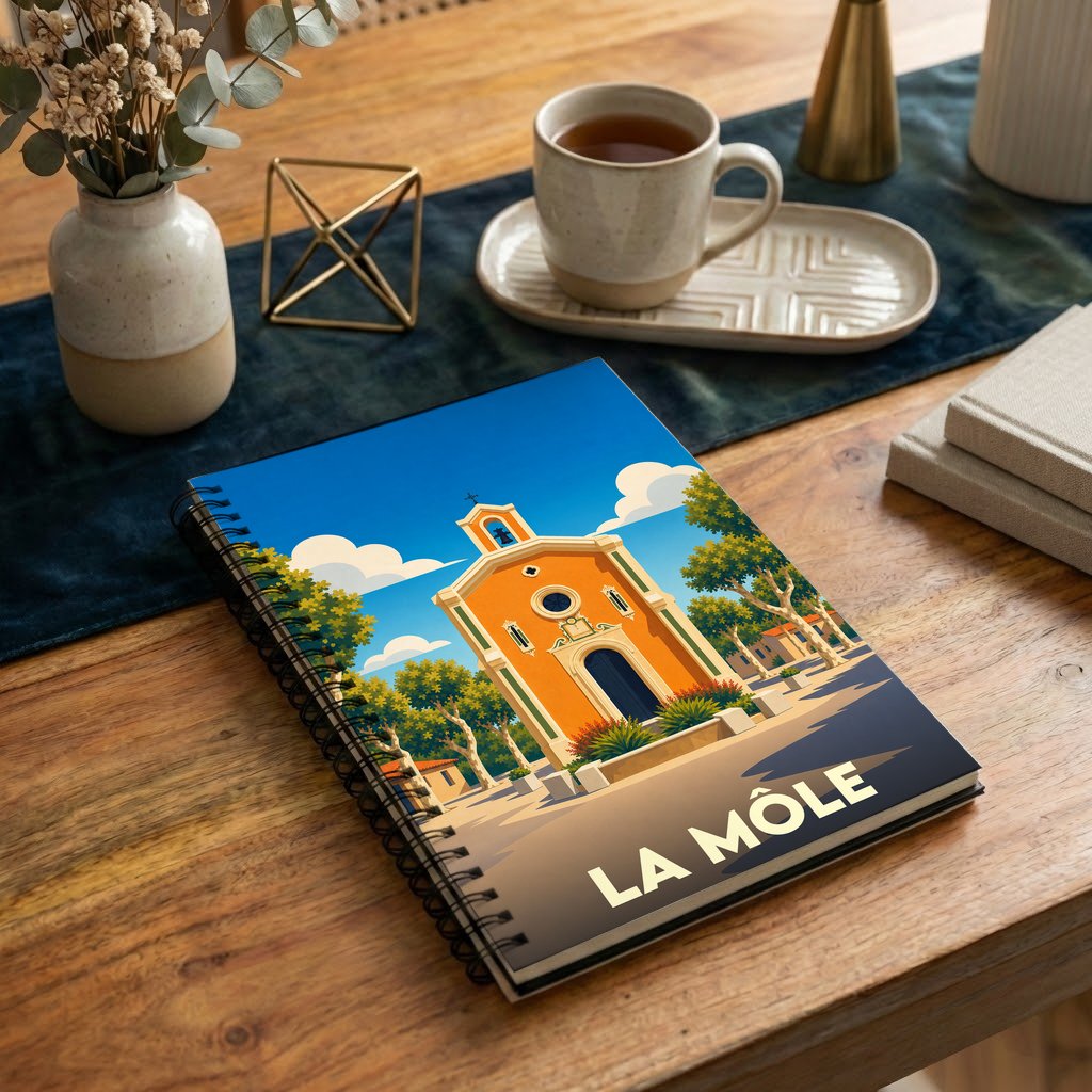 Carnet à spirales souvenir de la ville de La Môle avec une illustration stylisée de son église provençale.