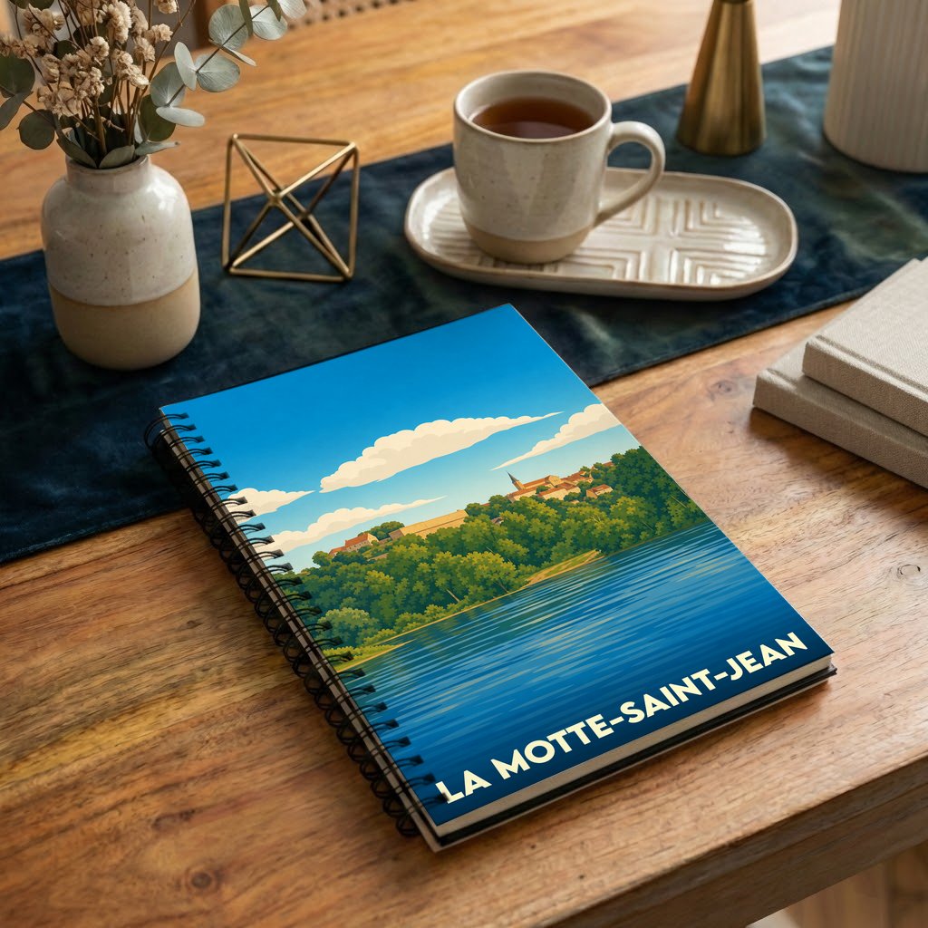 Carnet souvenir de la ville de La Motte-Saint-Jean avec une illustration stylisée d'un paysage de bord de l'eau.