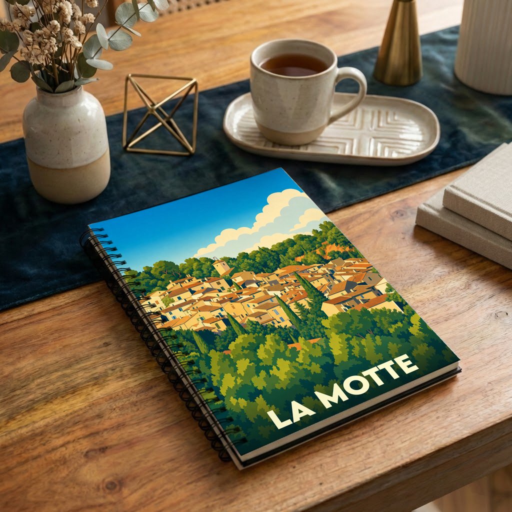 Carnet de notes à spirales souvenir de la ville de La Motte avec une illustration stylisée d'un village provençal.