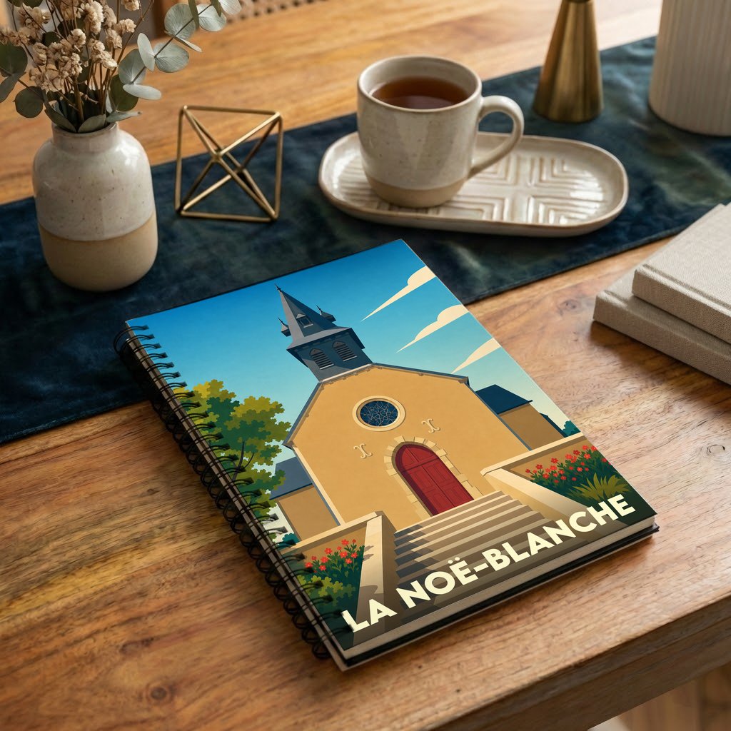 Carnet souvenir de la ville de La Noë-Blanche avec une illustration stylisée de son église.