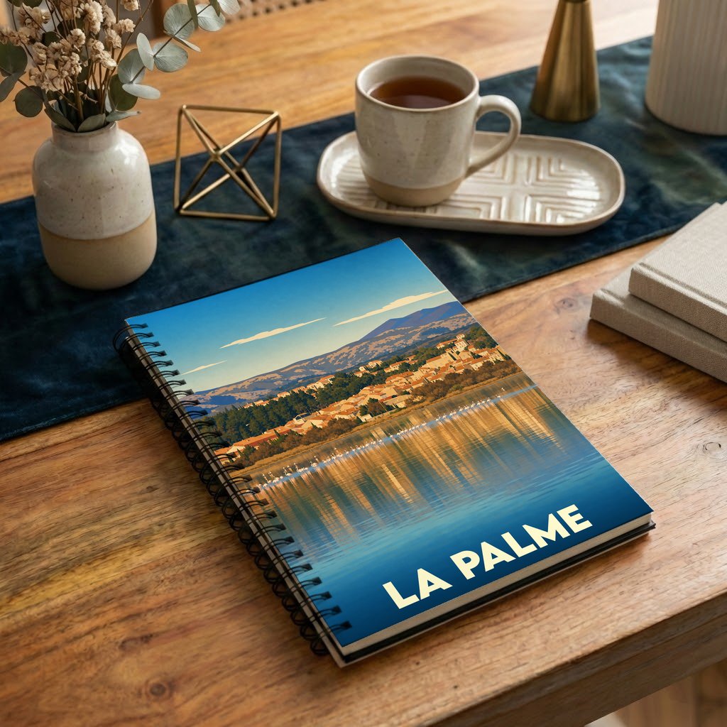 Carnet à spirales souvenir de la ville de La Palme illustré d'un paysage côtier stylisé.