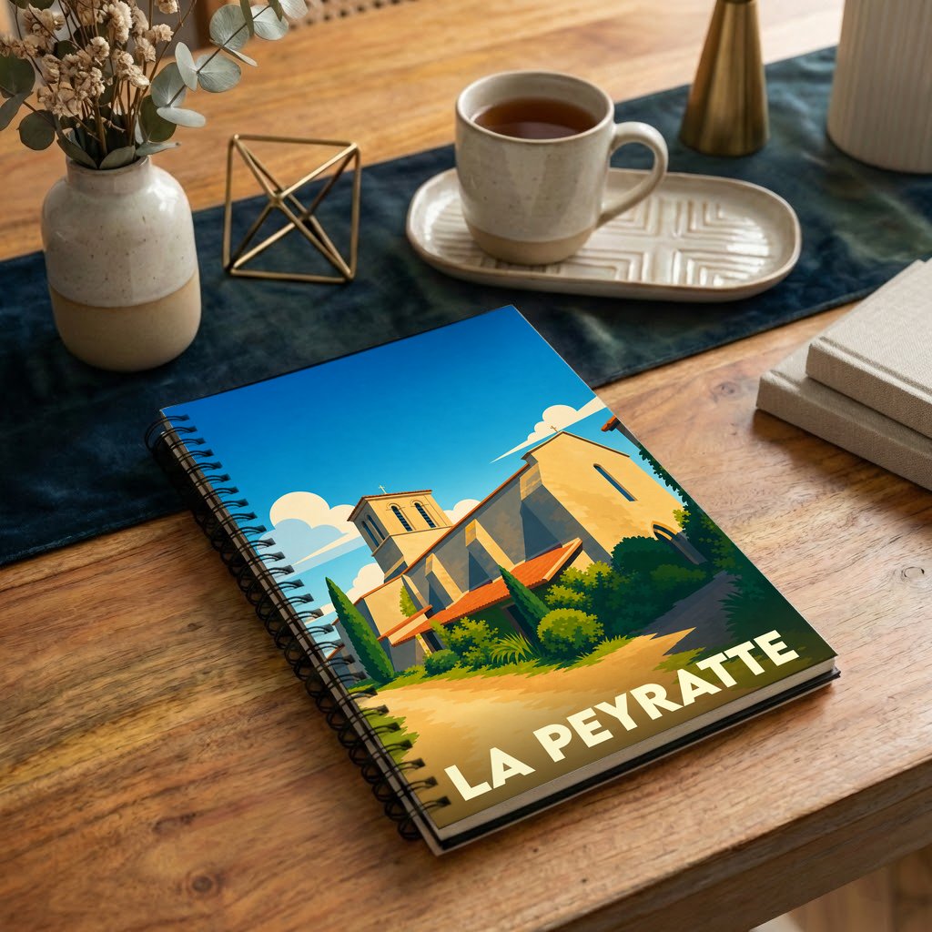 Carnet souvenir de la ville de La Peyratte avec une illustration stylisée de son église.