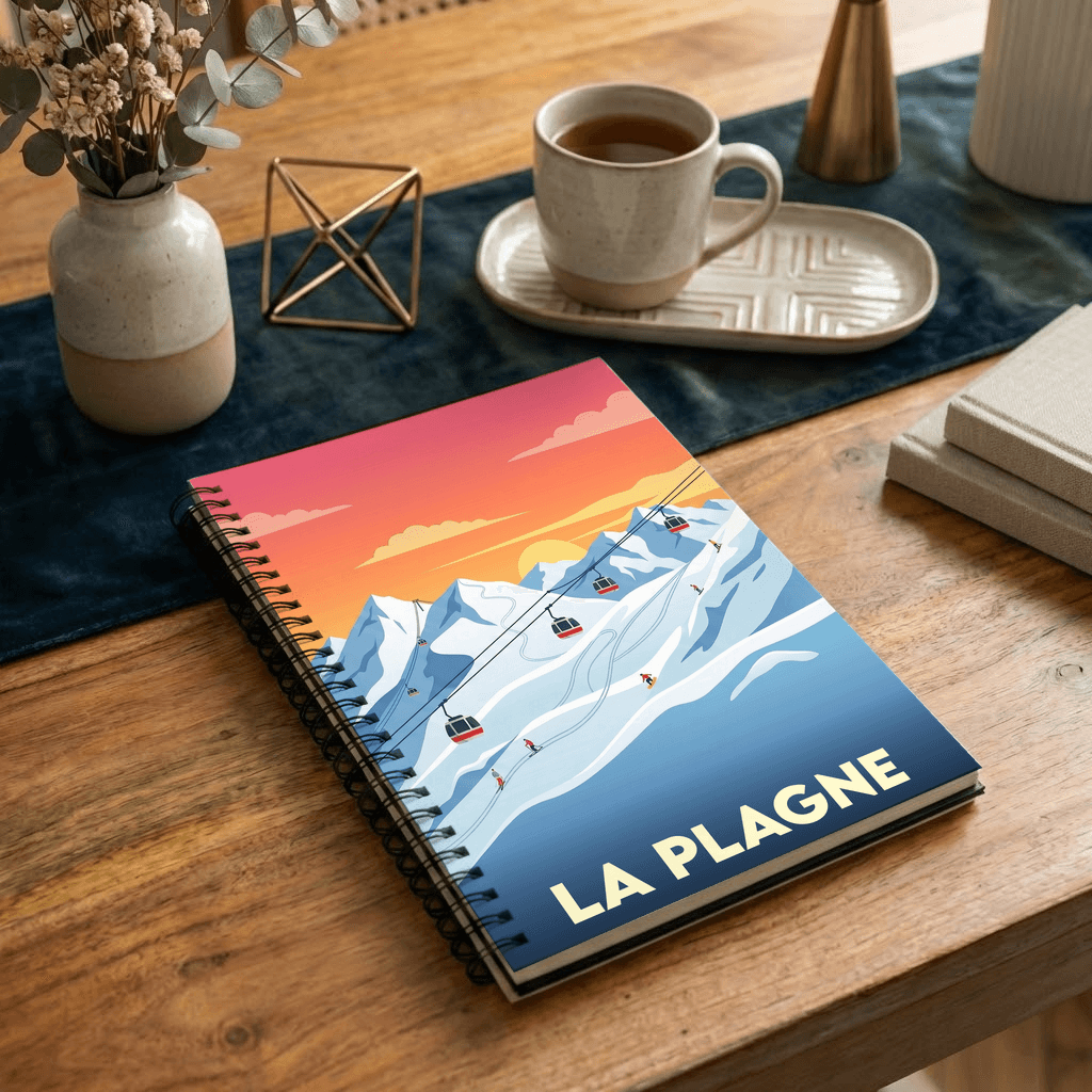 Carnet souvenir de La Plagne avec une illustration stylisée de montagnes et de remontées mécaniques.