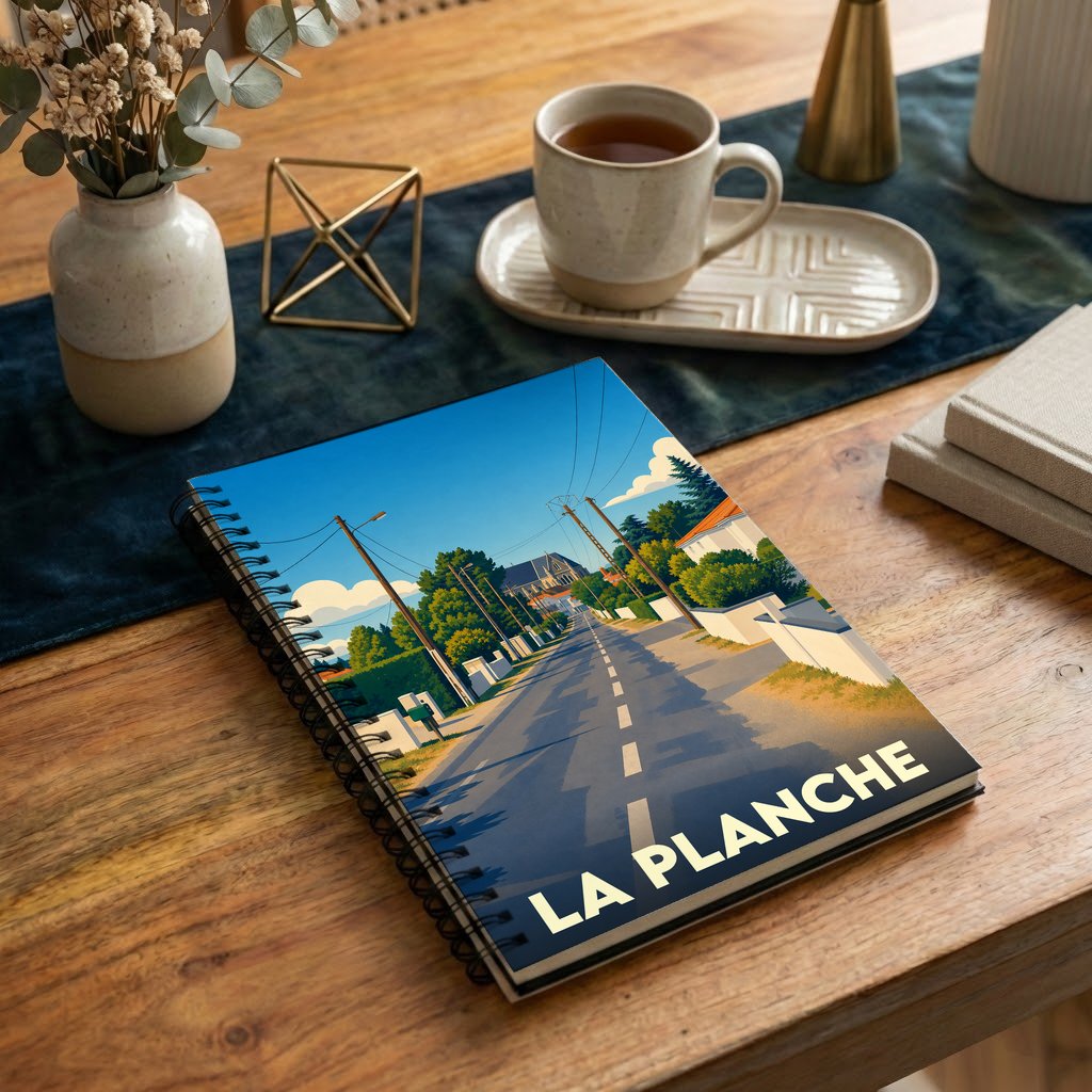 Carnet à spirale souvenir de la ville de La Planche avec une illustration stylisée de ses rues.