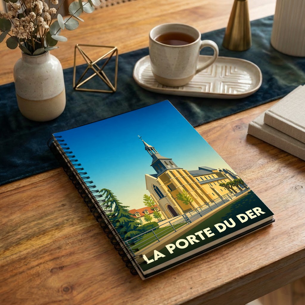 Carnet à spirale souvenir de la ville de La Porte du Der avec une illustration stylisée d'un édifice religieux historique.
