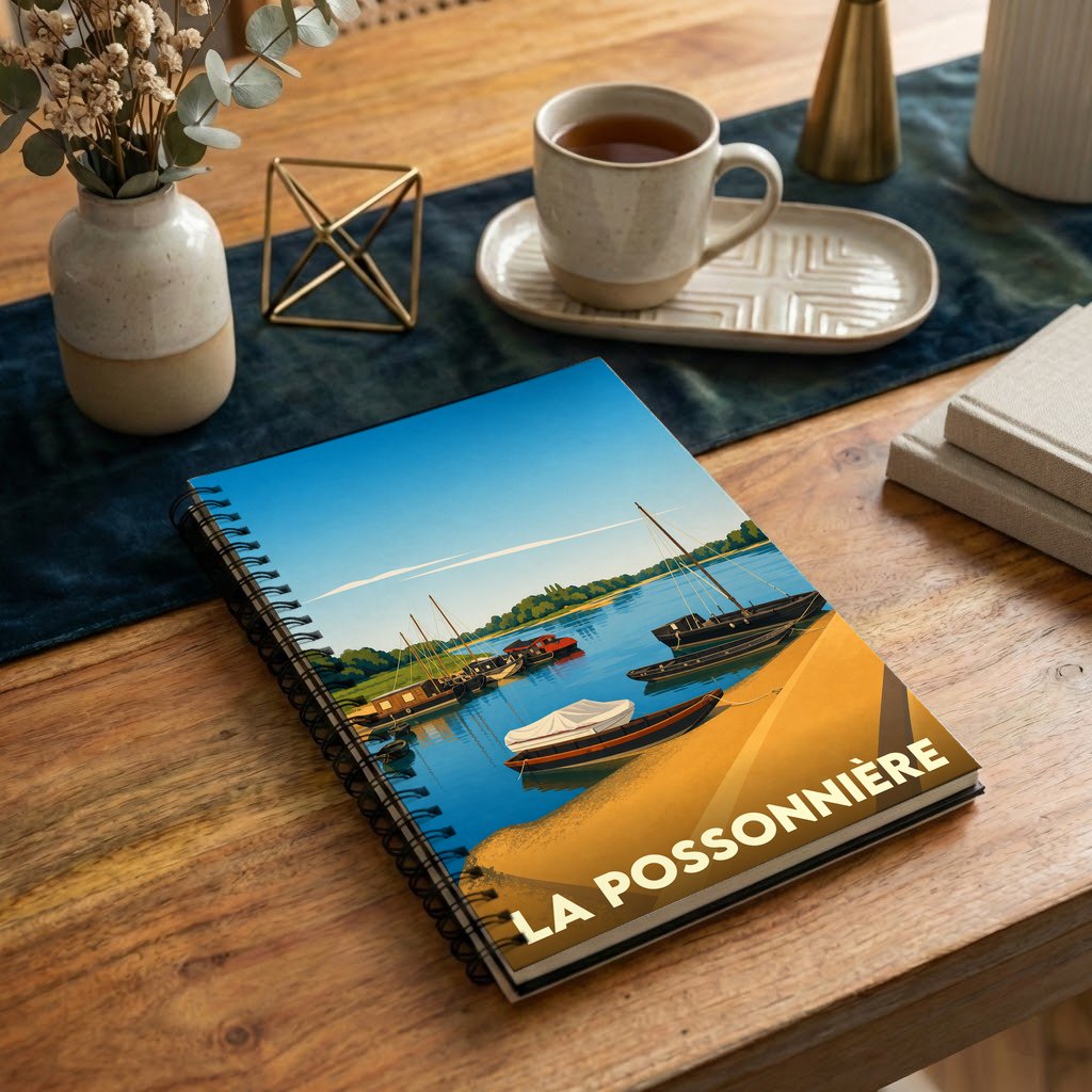 Carnet souvenir de la ville de La Possonnière avec une illustration stylisée de bateaux sur la Loire.
