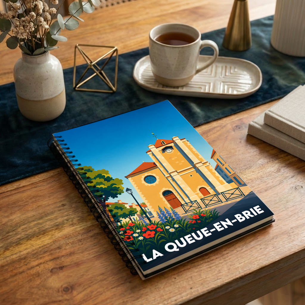 Carnet souvenir de la ville de La Queue-en-Brie avec une illustration stylisée de son église.