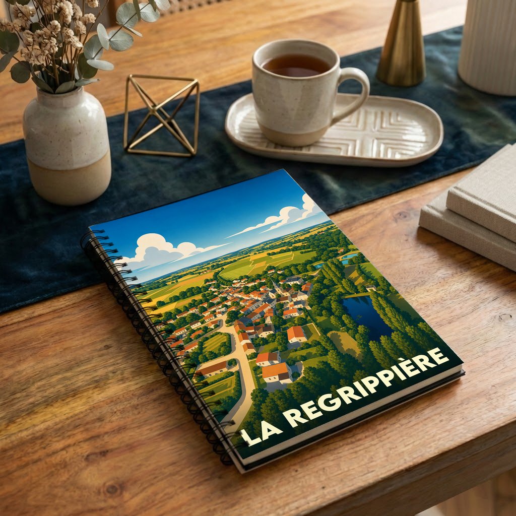 Carnet à spirales souvenir de la ville de La Regrippière avec une illustration paysagère stylisée.