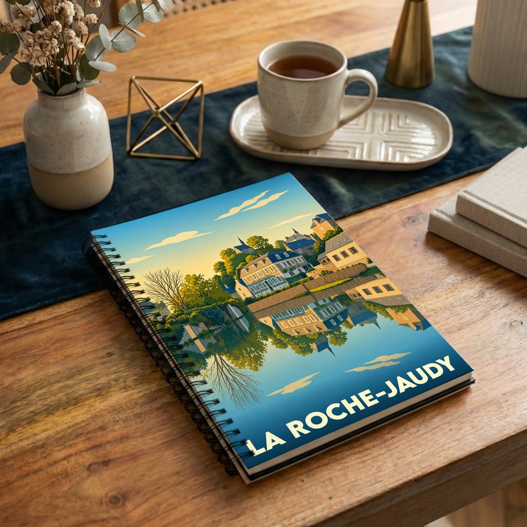 Carnet à spirales souvenir de la ville de La Roche-Jaudy avec une illustration stylisée reflétée sur l'eau.
