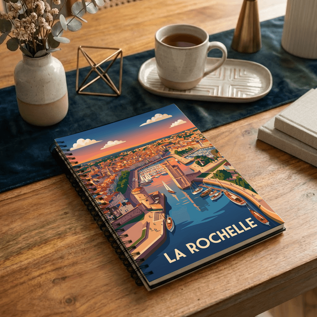 Carnet souvenir de la ville de La Rochelle avec une illustration stylisée.