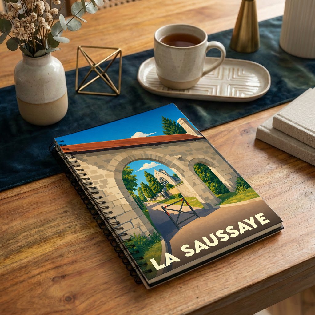 Carnet à spirales souvenir de la ville de La Saussaye avec une illustration stylisée.