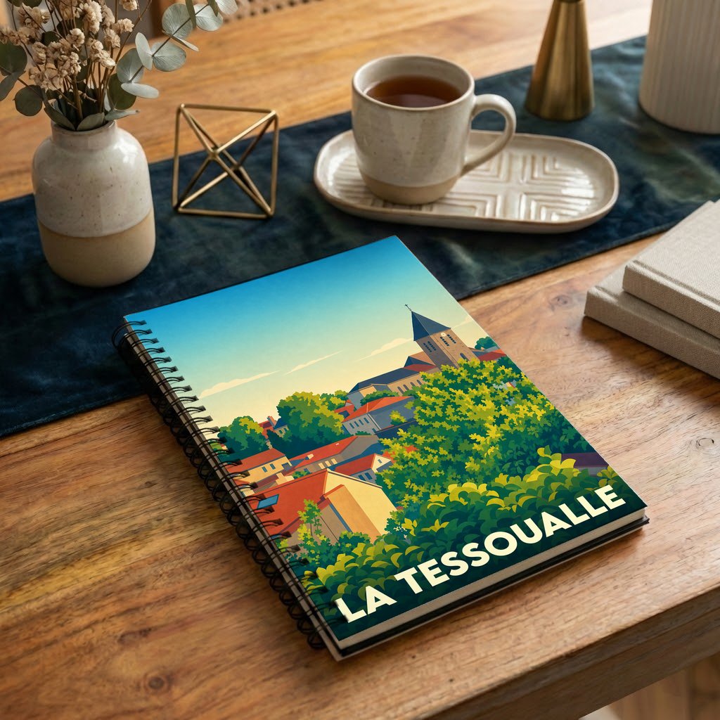 Carnet de notes souvenir de la ville de La Tessoualle avec une illustration de paysage urbain stylisée.