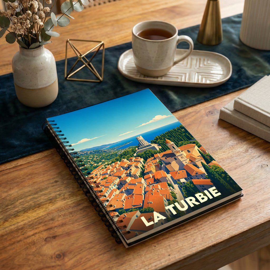 Carnet souvenir de la ville de La Turbie avec une illustration stylisée.