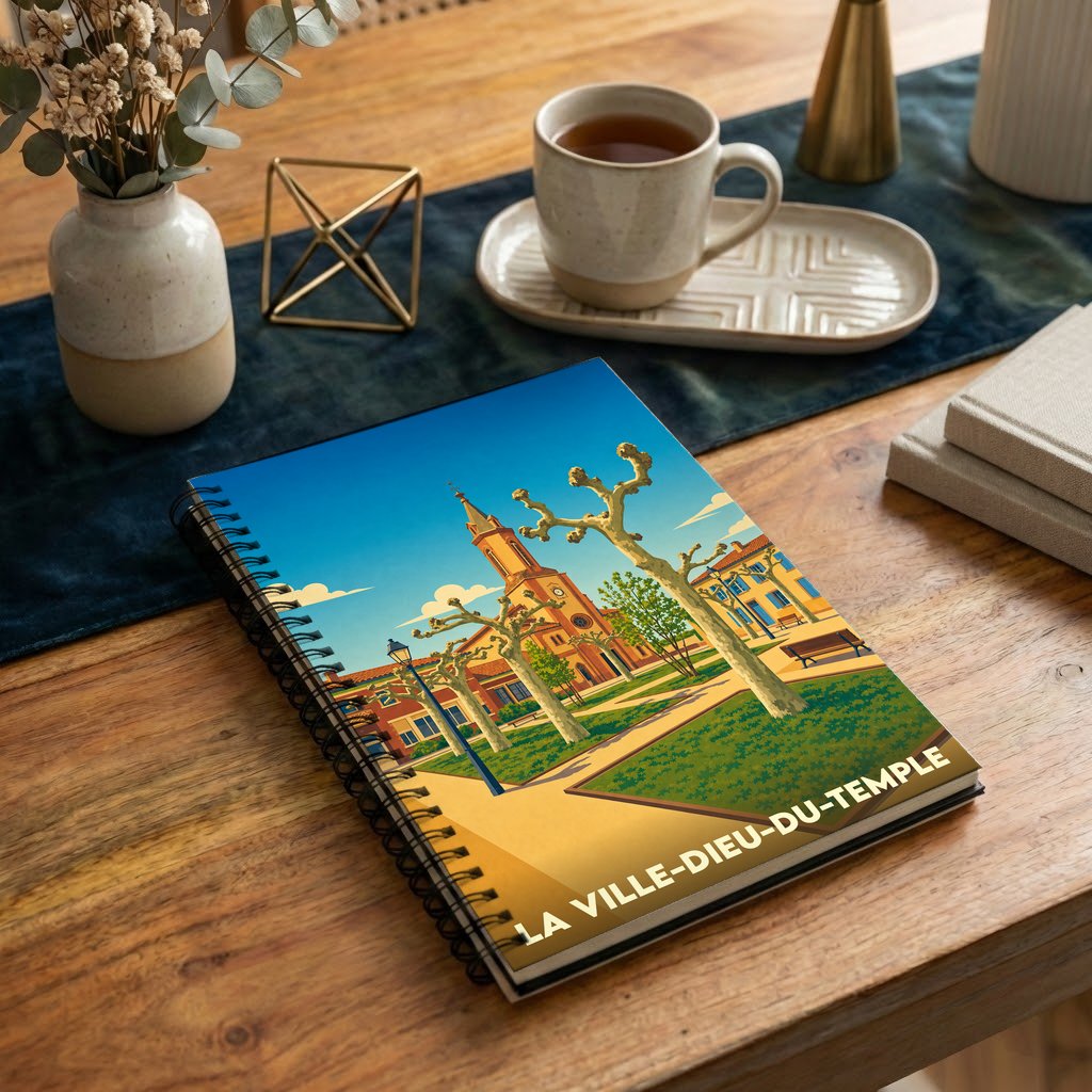 Carnet à spirales souvenir de la ville de La Ville-Dieu-du-Temple avec une illustration stylisée.
