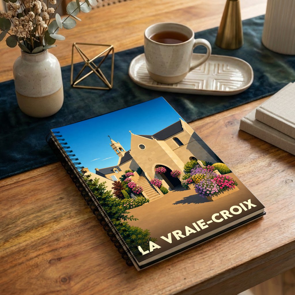 Carnet à spirales souvenir de la ville de La Vraie-Croix avec une illustration stylisée de sa chapelle fleurie.
