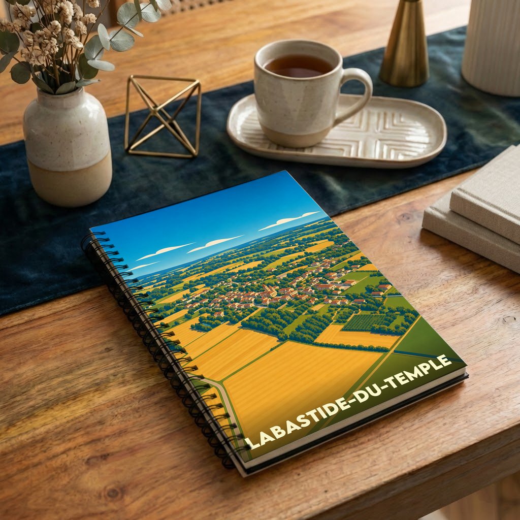 Carnet à spirales souvenir de la ville de Labastide-du-Temple avec une illustration de paysages vus du ciel.