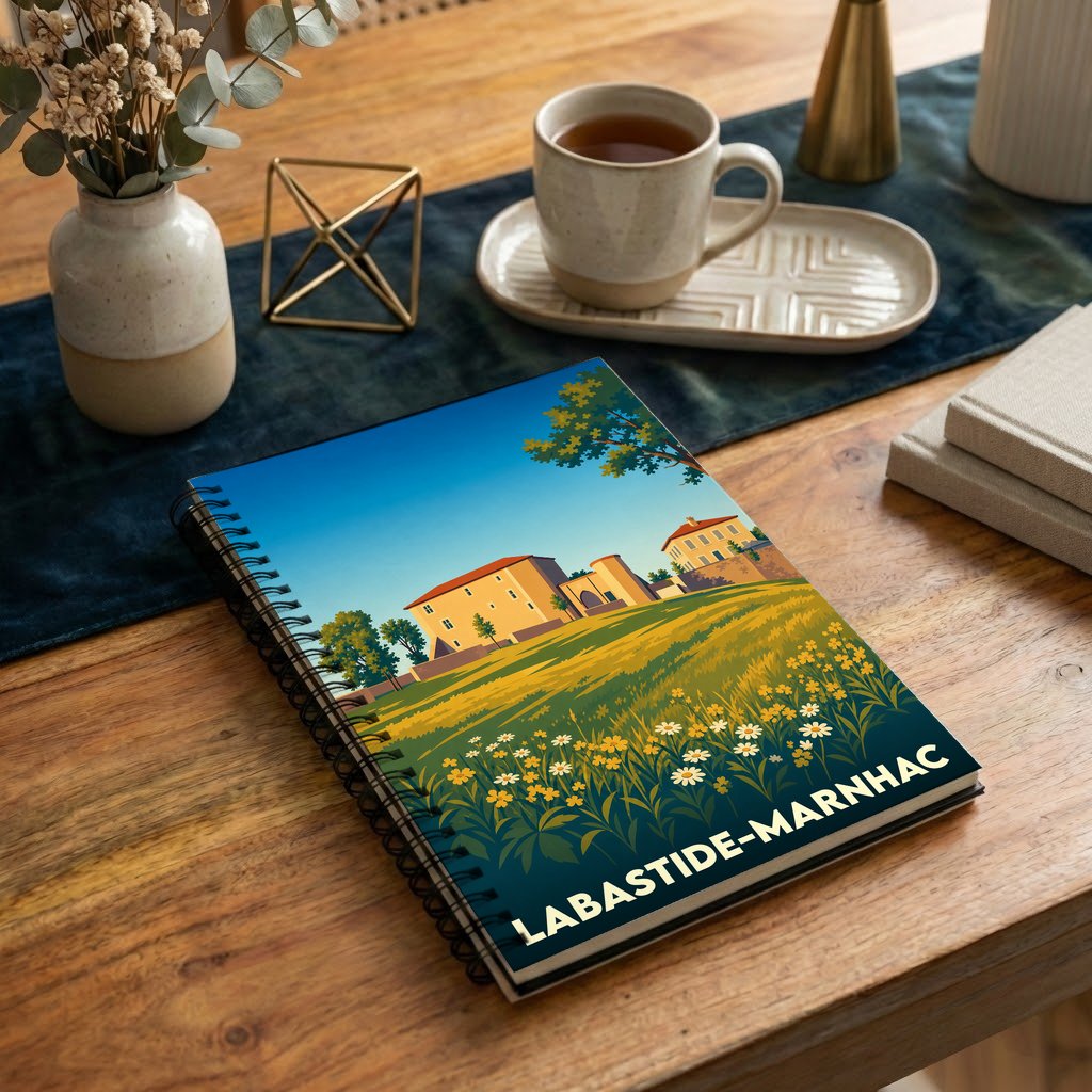 Carnet à spirales souvenir de la ville de Labastide-Marnhac avec une illustration stylisée de son paysage.