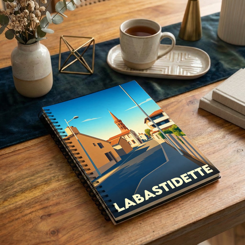Carnet à spirales souvenir de la ville de Labastidette avec une illustration stylisée.