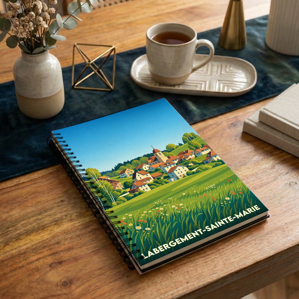 Carnet de notes à spirales souvenir de Labergement-Sainte-Marie illustré d'un paysage de village verdoyant.