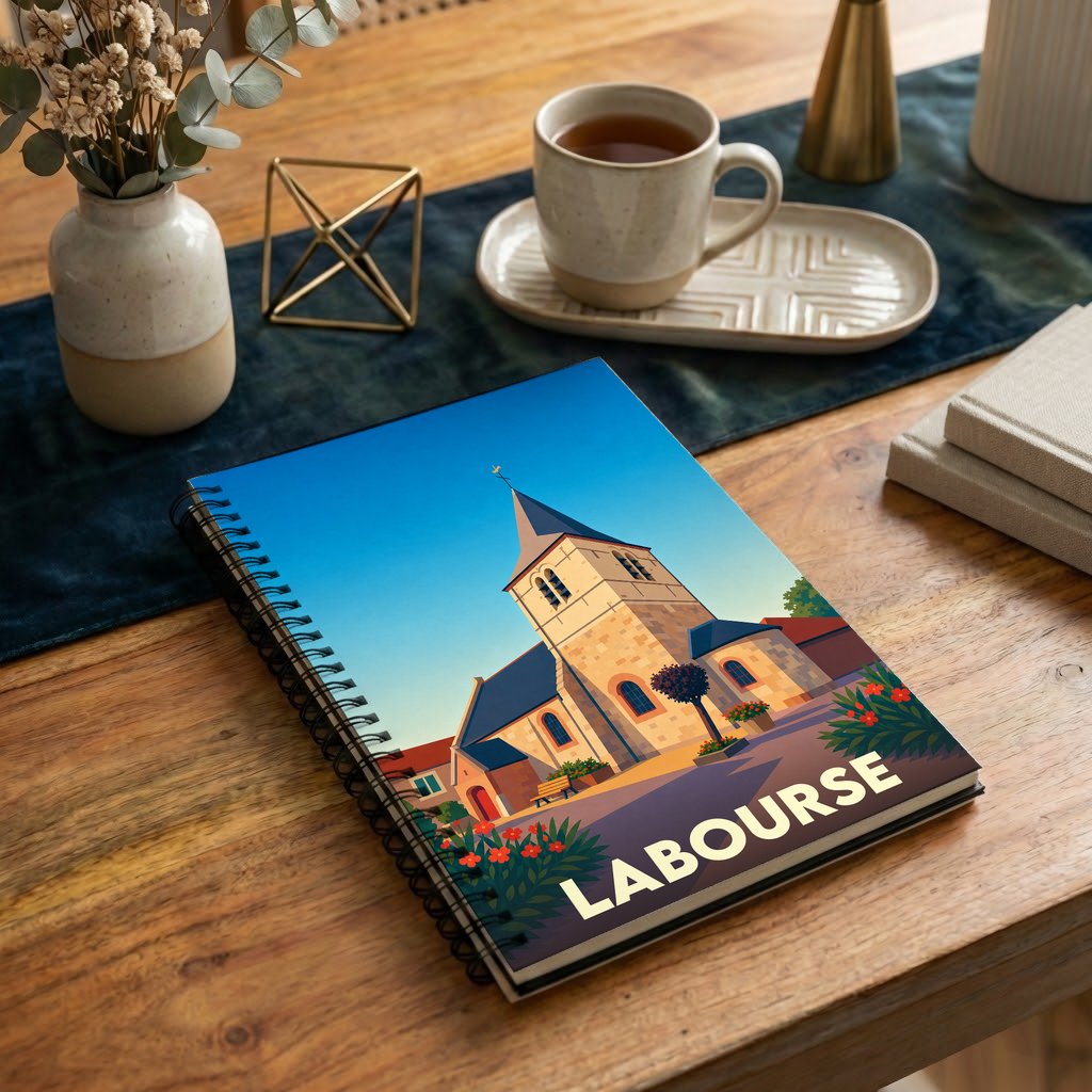Carnet de notes souvenir de la ville de Labourse avec une illustration stylisée de son église.