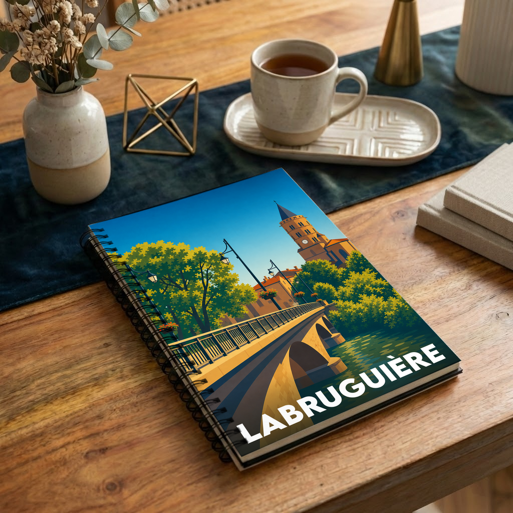Carnet souvenir de la ville de Labruguière avec une illustration stylisée d'un pont et d'une tour.