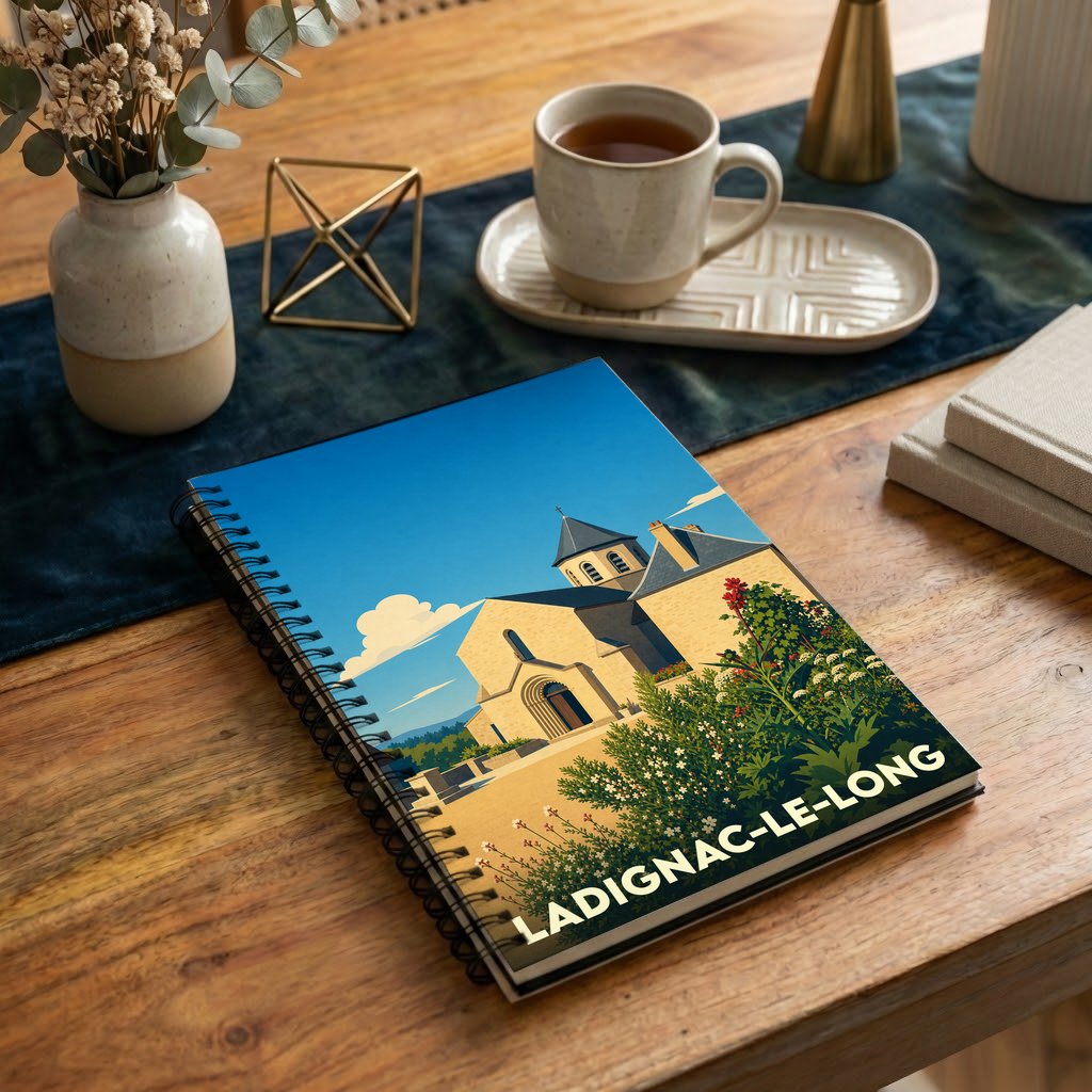 Carnet souvenir de la ville de Ladignac-le-Long avec une illustration stylisée de son église.