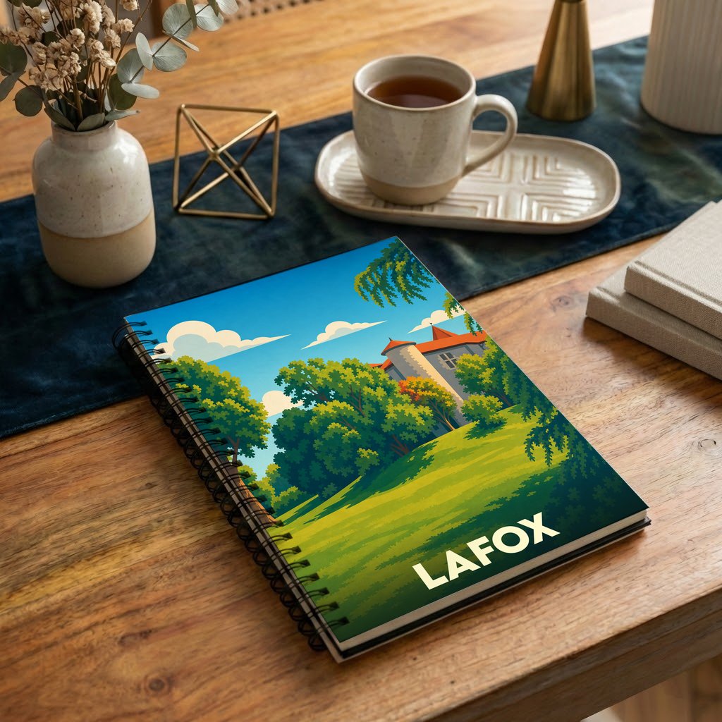 Carnet à spirales souvenir de la ville de Lafox avec une illustration stylisée d'un château entouré de verdure.