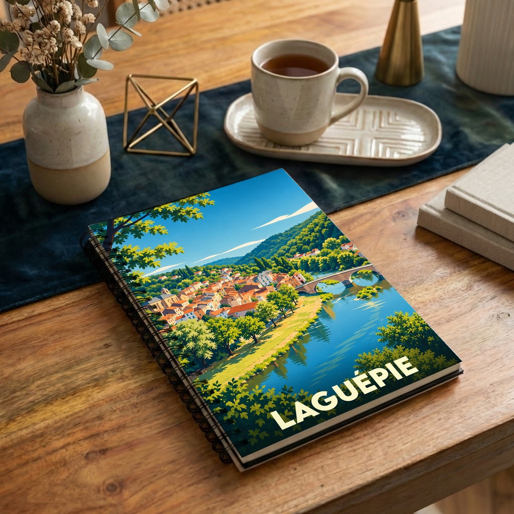 Carnet à spirale souvenir de la ville de Laguépie avec une illustration colorée et stylisée de son paysage fluvial.