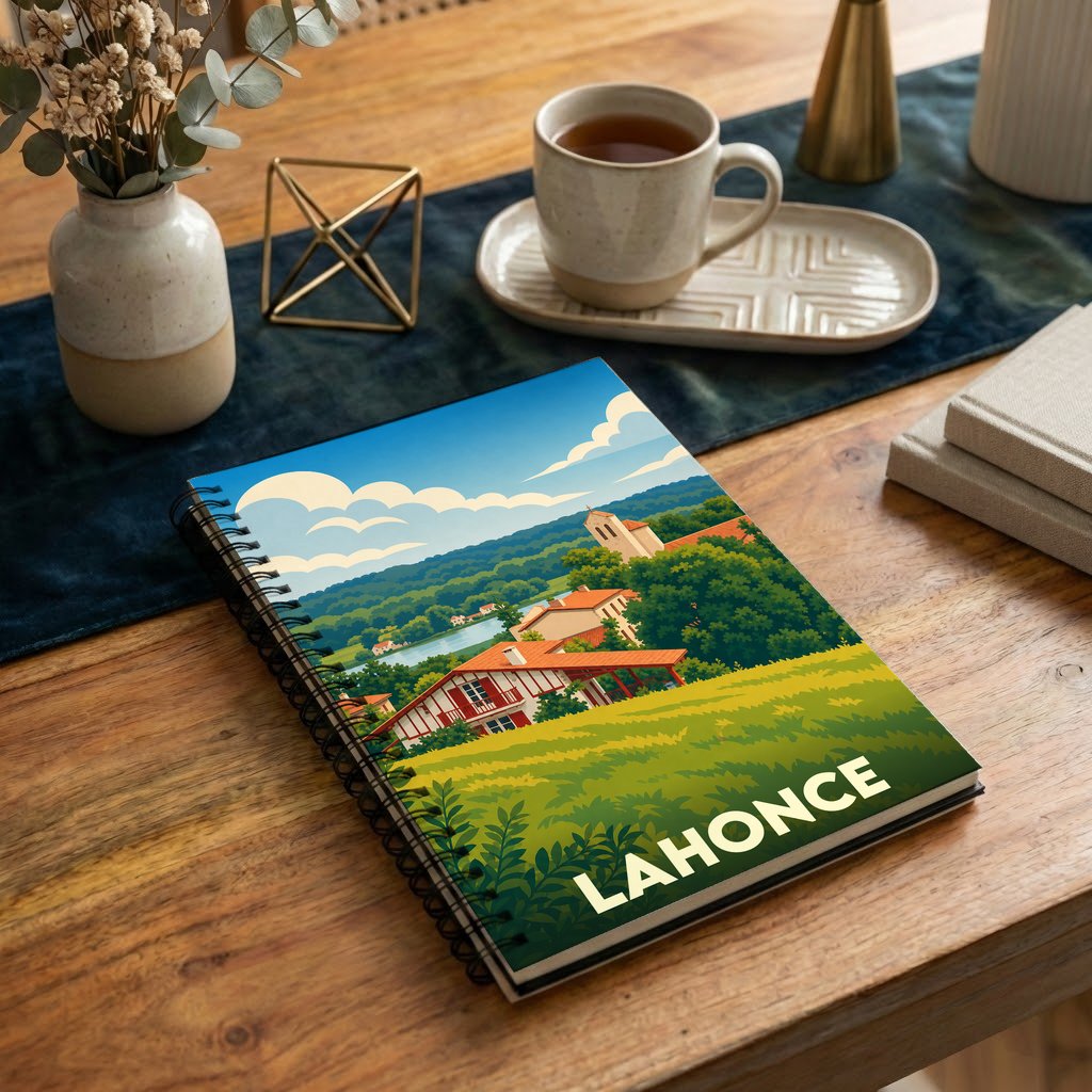 Carnet souvenir à spirales de la ville de Lahonce avec une illustration stylisée de son paysage vallonné et de ses maisons traditionnelles.