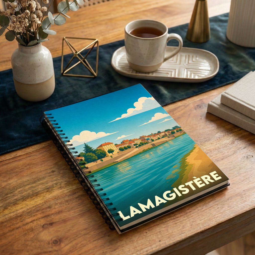Carnet à spirales souvenir de la ville de Lamagistère avec une illustration stylisée d'un paysage de bord d'eau.