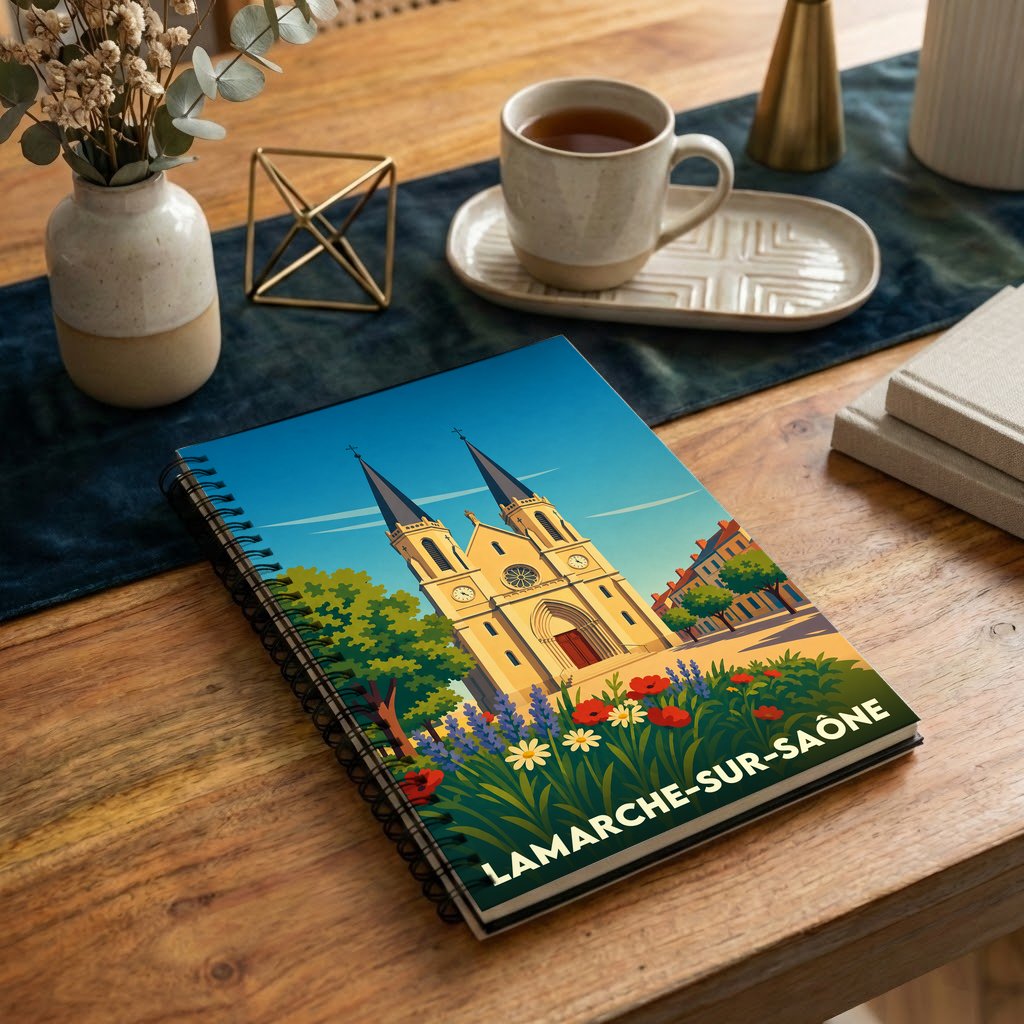 Carnet souvenir de la ville de Lamarche-sur-Saône avec une illustration stylisée de son église et de fleurs.