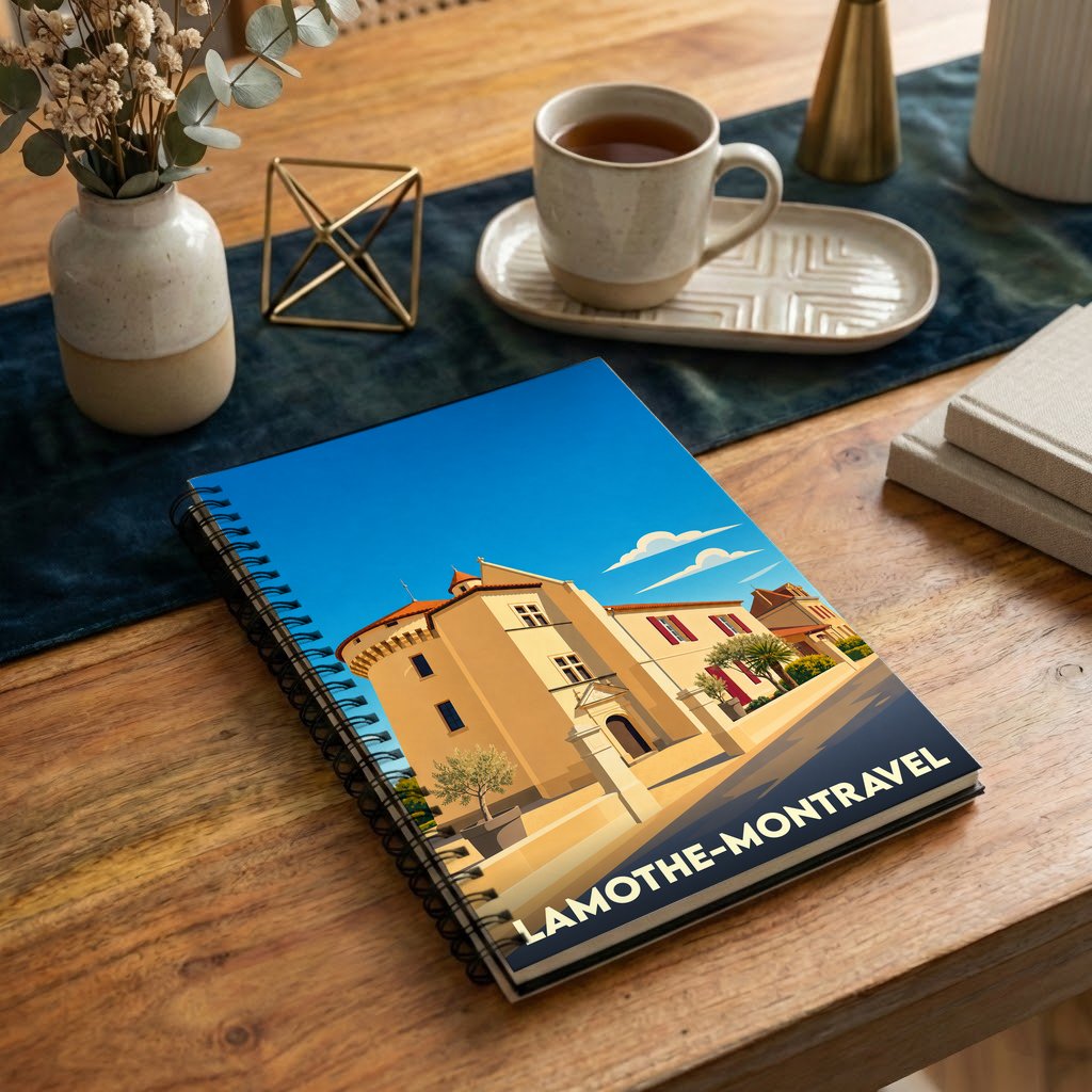 Carnet de notes souvenir de la ville de Lamothe-Montravel avec une illustration stylisée.