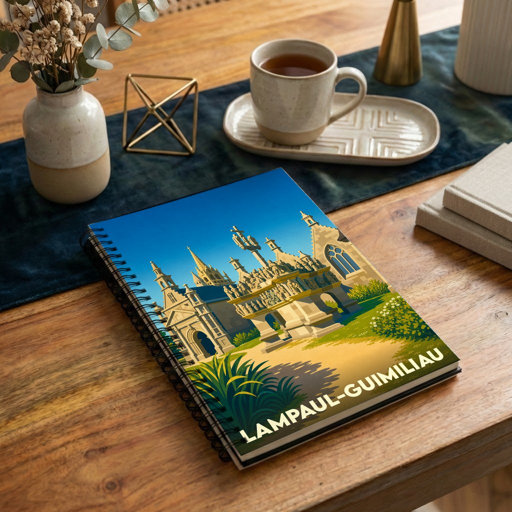 Carnet à spirales souvenir de la ville de Lampaul-Guimiliau avec une illustration stylisée de son enclos paroissial.