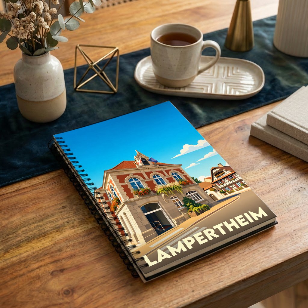 Carnet de notes souvenir de la ville de Lampertheim avec une illustration stylisée de son architecture.