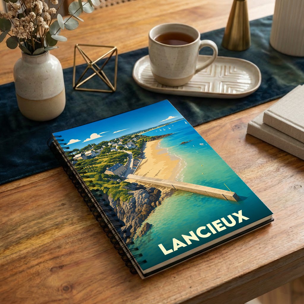 Carnet de notes souvenir de la ville de Lancieux orné d’une illustration stylisée de son littoral.