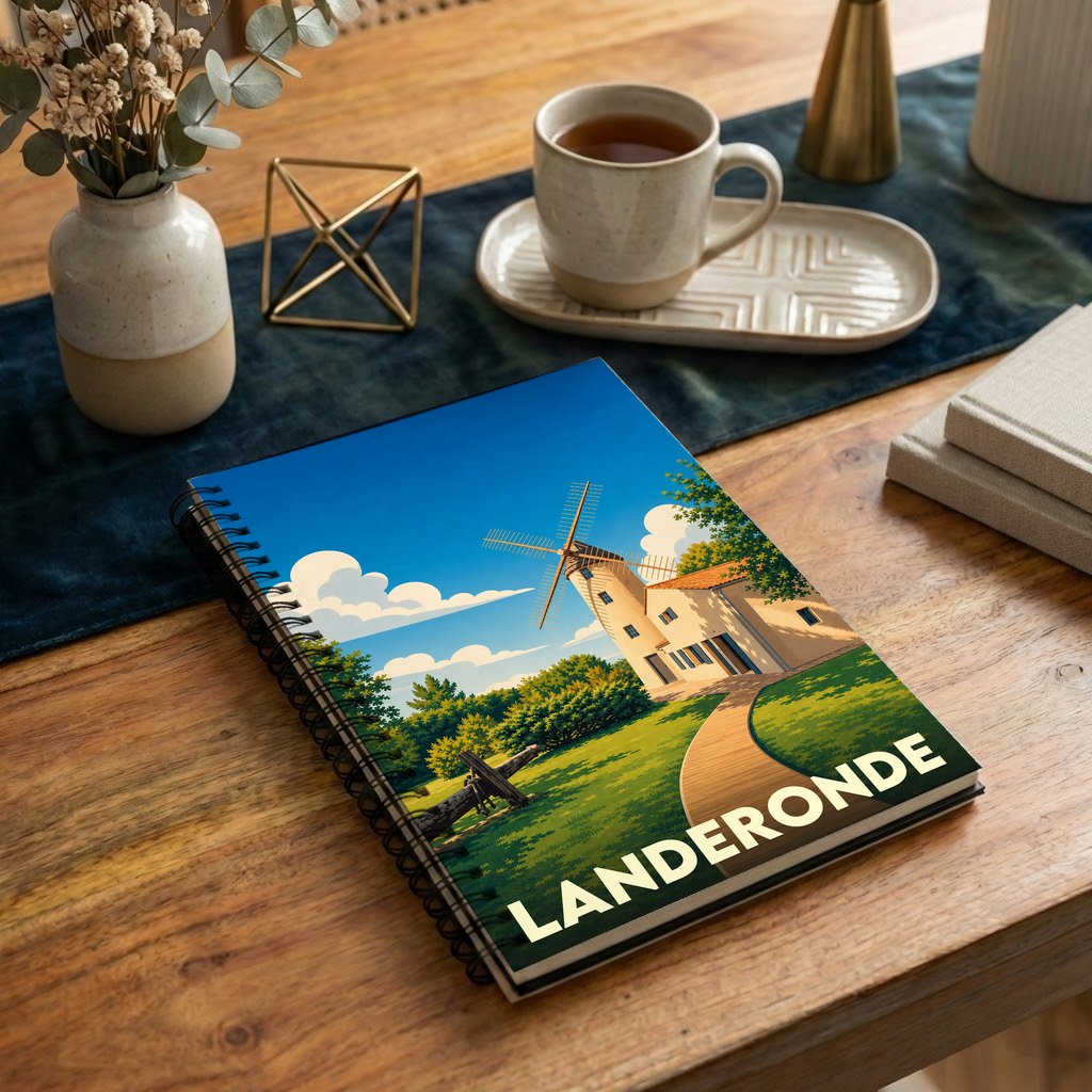 Carnet à spirales souvenir de la ville de Landeronde illustré par un moulin stylisé sous un ciel bleu.