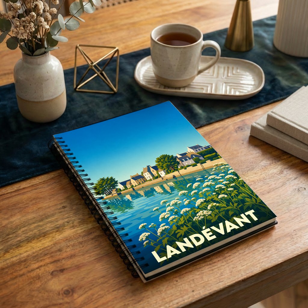 Carnet souvenir de la ville de Landévant avec une illustration stylisée d'un paysage de bord d'eau.