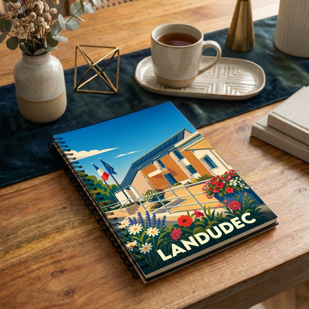 Carnet à spirales souvenir de la ville de Landudec avec une illustration stylisée et colorée.