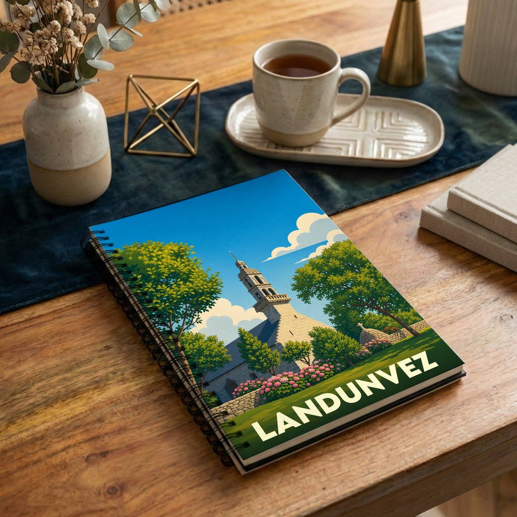 Carnet souvenir de la ville de Landunvez avec une illustration stylisée de son église.