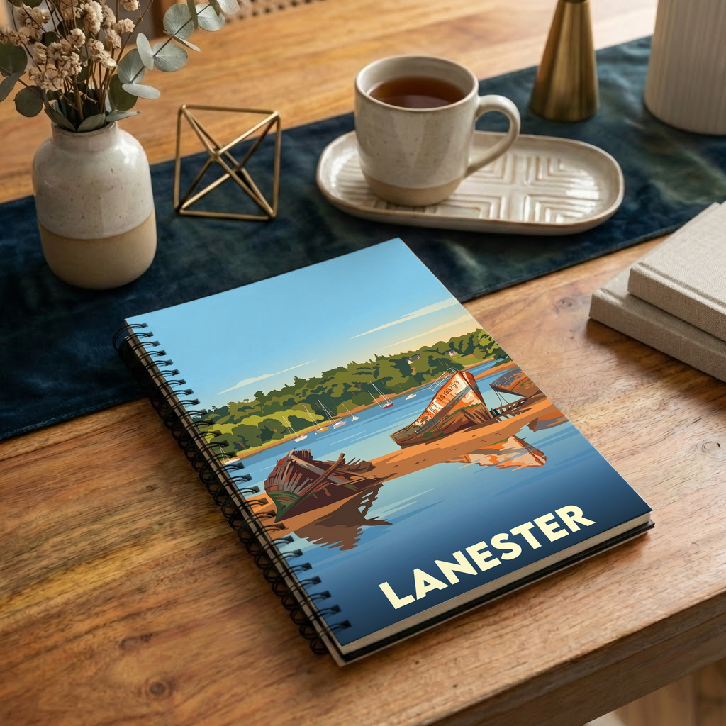 Carnet souvenir de la ville de Lanester avec une illustration stylisée de son cimetière de bateaux.