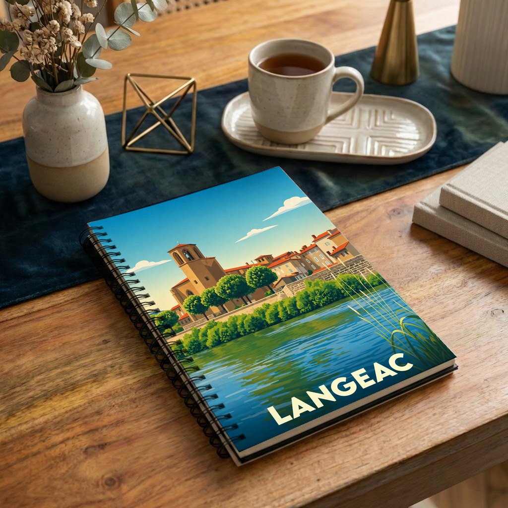 Carnet à spirale souvenir de la ville de Langeac avec une illustration stylisée des bords de l'Allier.