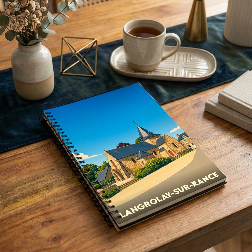 Carnet à spirales souvenir de Langrolay-sur-Rance avec une illustration stylisée de son église.